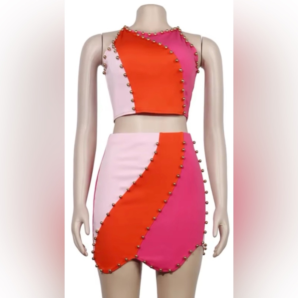NEW 2PC Gold Studded Colorblock Pink and Orange Skirt and Top
